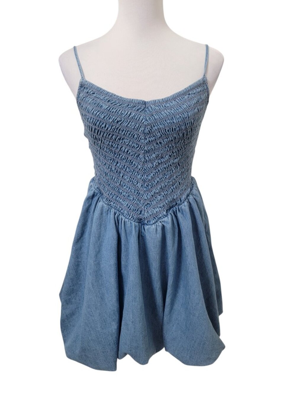 American Eagle Size XS Blue Chambray/Denim Smocked "Bella" Bubble Mini Dress
